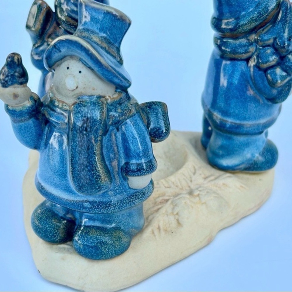 Vintage Christmas Decor Accents Blue Stoneware Snowman Candle Holder Festive Art - Picture 7 of 15